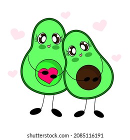 Cute couple in love Cute cartoon couple in love avocado Two halves of avocado with heart Valentine's Day greeting card Printed t-shirt postcard decoration gift wrapping. Vector illustration