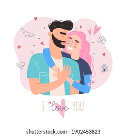 Cute couple in love clipart. Happy family concept. Lovers man and woman hugging. Vector Valentine card