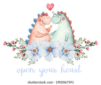 cute couple in love with dinosaurs in flowers, card for valentine's day,   illustration