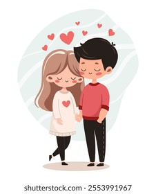 Cute couple in love with floating hearts around. Cartoon style lovely boy and girl characters gently embrace. Valentines day romantic concept. Cute boyfriend and girlfriend. Flat vector illustration.