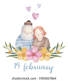 Cute couple in love, grandparents with long beard, valentine's day illustration