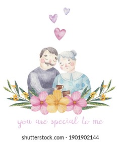 Cute couple in love, grandparents, valentine's day illustration