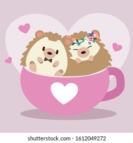 The cute couple in love of hedgehog sitting in the big cup with wedding theme in flat vector. Illustration about love and valentin's day.