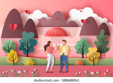 Cute couple in love holding an umbrella in a park in paper illustration, 3d paper.