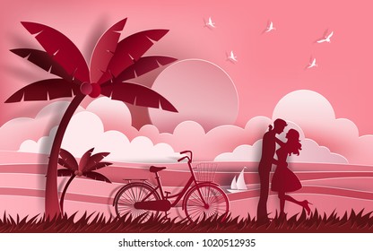 Cute couple in love hugging at the beach, staring at each other's eyes with beautiful sea background, flat-style vector illustration.