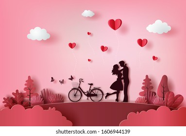 Cute couple in love hugging with many hearts floating, paper art style, flat-style vector illustration.