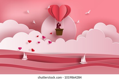 Cute couple in love hugging, staring at each other's eyes and standing inside a basket of an air balloon, traveling across the ocean, paper art style, flat-style vector illustration.