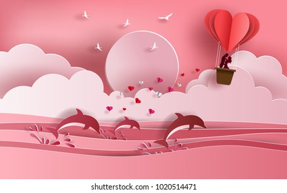 Cute couple in love hugging, staring at each other's eyes and standing inside a basket of an air balloon, traveling across the ocean, paper art style, flat-style vector illustration.