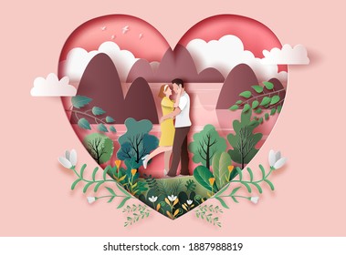 Cute couple in love hugging staring at each other's eyes in paper illustration, 3d paper.