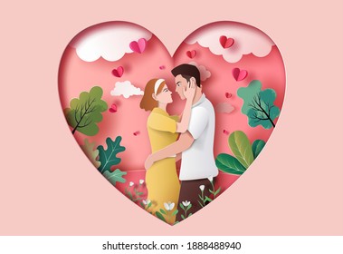 Cute couple in love hugging staring at each other's eyes in paper illustration, 3d paper.	