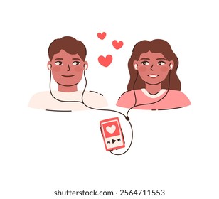 Cute couple in love listening to music. Flat vector illustration.