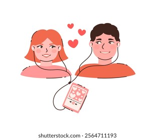 Cute couple in love listens to music on headphones. Flat vector illustration.