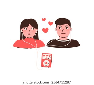 Cute couple in love listens to music on headphones. Flat vector illustration.