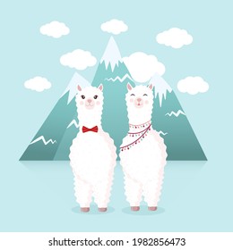 Cute couple in love with llama and alpaca on the background of mountains and clouds. Vector illustration for greeting card, poster, texture, textile, decor. Cartoon character alpaca.