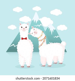 Cute couple in love with llama and alpaca on the background of mountains and clouds. Vector illustration for greeting card, poster, texture, textile, decor. Cartoon character alpaca.