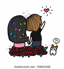 Cute couple in love looking star cartoon illustration