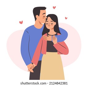 Cute couple in love. Man kissing and embracing woman. Isolated vector man and woman