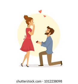cute couple in love, man proposing to the woman kneeling vector illustration