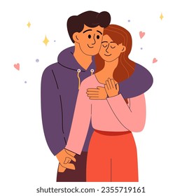 Cute Couple in Love. Man and Woman Standing Hugging Embracing Each other Feeling in Love. Hand Drawn Vector Illustration in Flat Style.