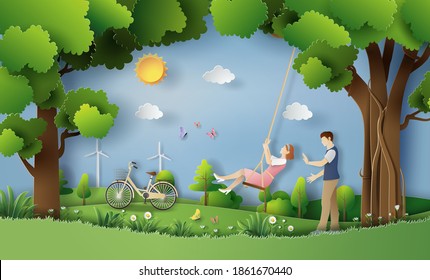 Cute couple in love in the park, a lady on a swing and a man take care of her, paper art style, flat-style vector illustration.