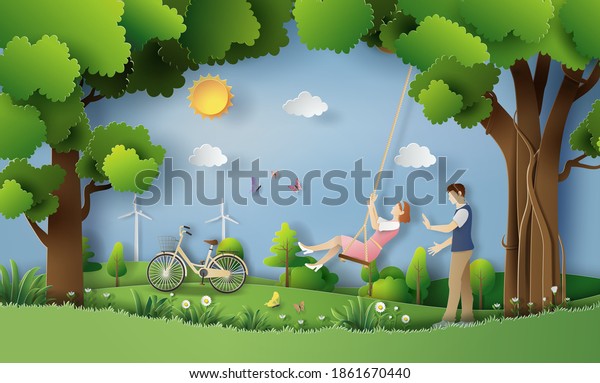 Cute Couple Love Park Lady On Stock Vector (Royalty Free) 1861670440 ...