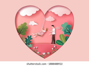 Cute couple in love in the park in paper illustration, 3d paper, a lady on a swing, and a man takes care of her.	
