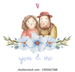 Cute couple in love, redhead girl and man with beard, valentine's day illustration