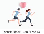 Cute couple in love running exercise with hearts floating, falling in love,love sharing, sweetheart, lover in actions of happiness, on white background. Vector illustration.