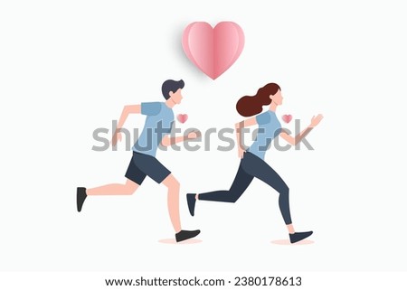Cute couple in love running exercise with hearts floating, falling in love,love sharing, sweetheart, lover in actions of happiness, on white background. Vector illustration.
