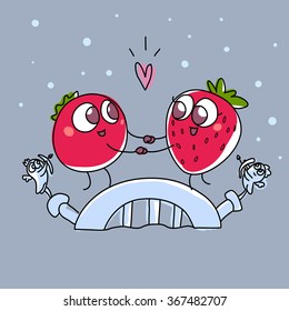 Cute couple in love, tomato and strawberry on the bridge with cupids