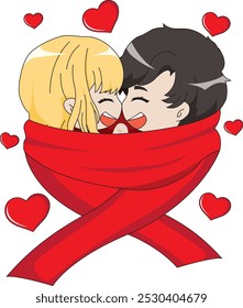 Cute couple in love united by scarf chibi cartoon