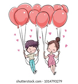 Cute couple in love Valentine's Day, Vector Illustration hand drawing.