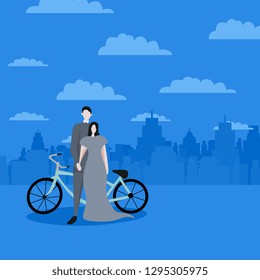 Cute couple in love for Valentine's day greeting design background banner and poster template with cartoon character vector illustration.