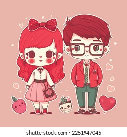 cute couple in love valentine's day background, character cartoon illustration