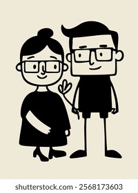 Cute couple in love. Vector black and white doodle isolated on white background.