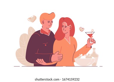 Cute couple in love vector illustration. Man and woman hugging and drinking cocktail. Romantic dinner together flat style design. Hearts symbol on background