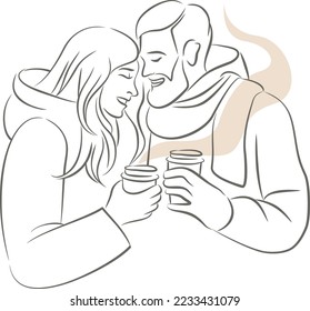 Cute couple in love in warm clothes holding paper cups with hot coffee or mulled wine in their hands. Simple linear vector drawing