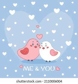 Cute couple of lovebirds in cartoon style. Vector illustration of birds with hearts on a blue background. Valentine's Day greeting card design. You and me