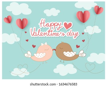 Cute couple lovebirds kiss in the blue sky look so sweet and romantic. Beautiful background for Valentines concept with bird, paper cut pink heart shape balloon and cloud. Vector wallpaper design.