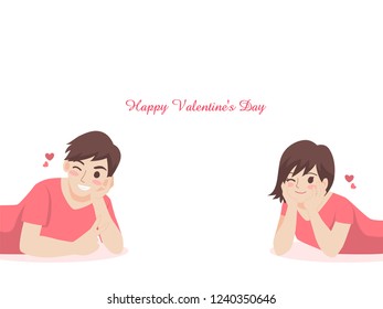 cute couple of lover characters cartoon for love valentine's day, holidays, flat design decorative elements with young woman and man, romance, hearts, date, sweet, wedding, vector illustration.