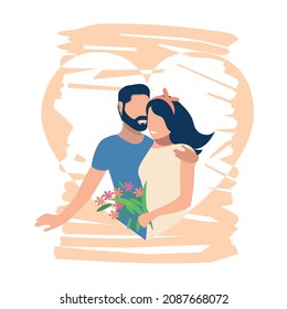 Cute couple of lovers are hugging and having fun. Flat vector illustration of enamored man and woman on an abstract background. Happy Valentine's Day.