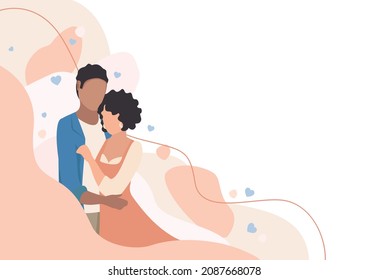 Cute couple of lovers are hugging and having fun. Flat vector illustration of enamored man and woman on an abstract background. Happy Valentine's Day.