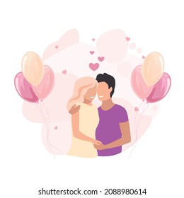 Un par de amantes agradables se están abrazando y divirtiéndose. Ilustración vectorial plana del hombre y la mujer enamorados sobre un fondo abstracto. Feliz Día de San Valentín.