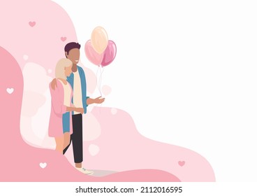 Cute couple of lovers are hugging and having fun. Flat vector illustration of enamored man and woman on an abstract background. Happy Valentine's Day.