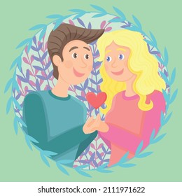 Ein süßes paar Liebhaber schauen sich gegenseitig in die Augen. Blumenschmuck. Vektorgrafik