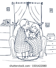 A cute couple of lovers sitting on the couch, covering with a blanket holding cups of hot drink. Look at each other, smiling. Vector cartoon illustration.