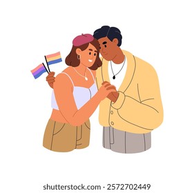 Cute couple loves each other, hugs. Bisexual beloveds with LGBT flags hold hands together. Happy lovers embrace, cuddle. Interracial relationship. Flat isolated vector illustration on white background