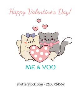 Cute couple of loving cats in the style of kawaii. Vector illustration of cat hugs. Valentine's Day greeting card design. You and me