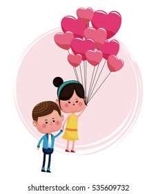 cute couple loving with pink balloons heart shaped