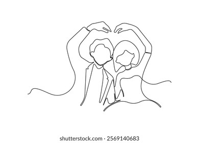 Cute couple making heart shape with hands one-line art drawing. Vector illustration